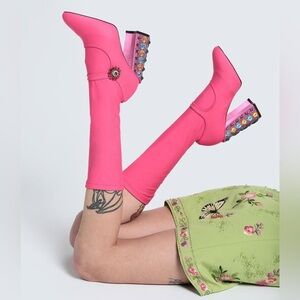 NIB Dolce & Gabbana Pink Nylon Crystal Vally High Boots Jewel Embellished 37